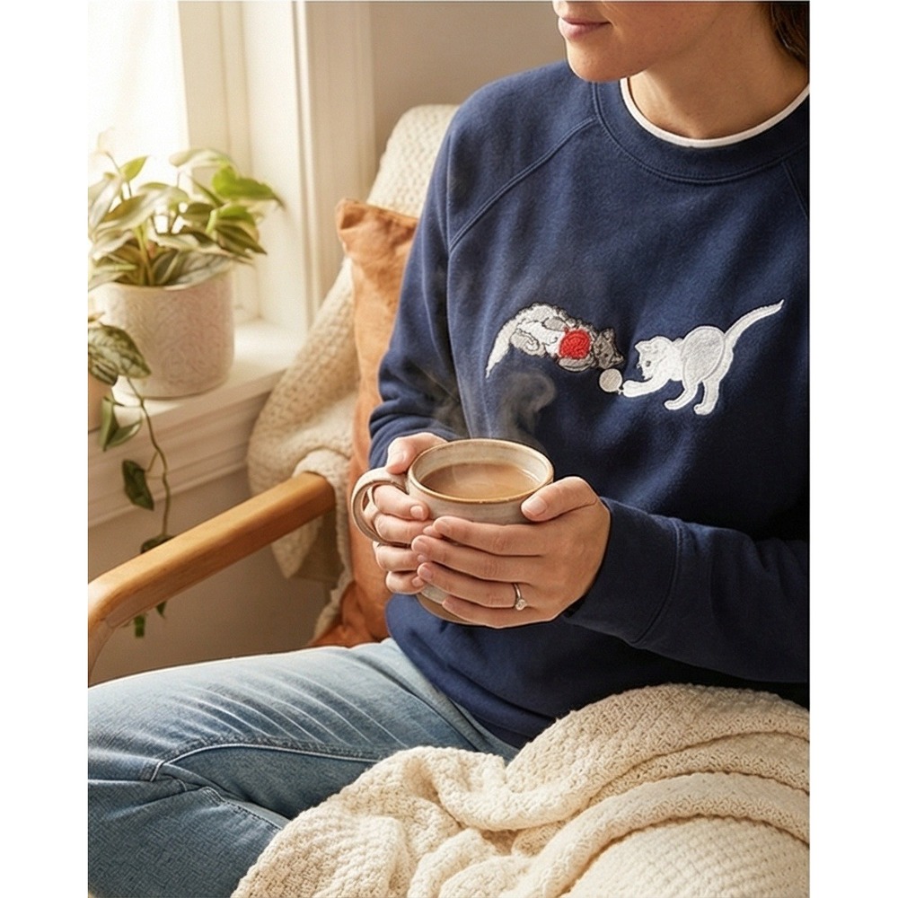 Karen Scott Sport M Navy Blue Cat Embroidered Crewneck Sweatshirt‎ 1990 Vtg Med